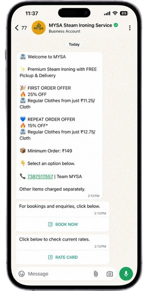 WhatsApp Chatbot follow-up message with 15% discount offer