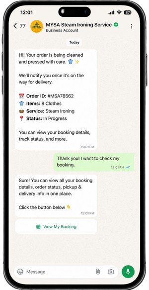 Connector-triggered WhatsApp sync message between CRM and booking system