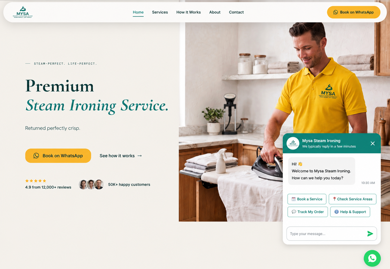 Mysa website hero with WhatsApp CTA and chatbot widget